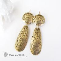 Textured Gold Brass Dangle Earrings - Contemporary Modern Metal Jewelry