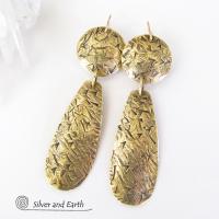 Textured Gold Brass Dangle Earrings - Contemporary Modern Metal Jewelry