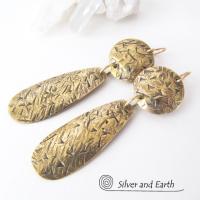 Textured Gold Brass Dangle Earrings - Contemporary Modern Metal Jewelry