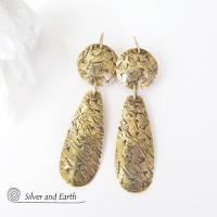Textured Gold Brass Dangle Earrings - Contemporary Modern Metal Jewelry