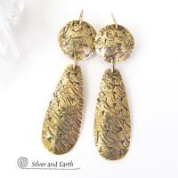 Textured Gold Brass Dangle Earrings - Contemporary Modern Metal Jewelry