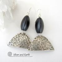 Textured Sterling Silver Earrings with Black Onyx - Contemporary Modern Jewelry