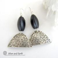 Textured Sterling Silver Earrings with Black Onyx - Contemporary Modern Jewelry