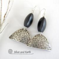 Textured Sterling Silver Earrings with Black Onyx - Contemporary Modern Jewelry