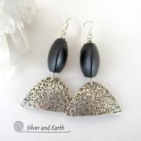 Textured Sterling Silver Earrings with Black Onyx - Contemporary Modern Jewelry