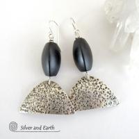 Textured Sterling Silver Earrings with Black Onyx - Contemporary Modern Jewelry