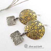 Mixed Metal Earrings with Textured Sterling Silver & Gold Brass - Modern Jewelry