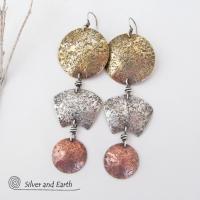 Mixed Metal Long Dangle Earrings - Bold Exotic Ancient Egyptian Inspired Jewelry