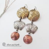 Mixed Metal Long Dangle Earrings - Bold Exotic Ancient Egyptian Inspired Jewelry
