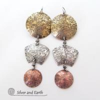 Mixed Metal Long Dangle Earrings - Bold Exotic Ancient Egyptian Inspired Jewelry