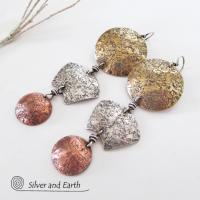 Mixed Metal Long Dangle Earrings - Bold Exotic Ancient Egyptian Inspired Jewelry
