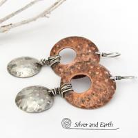 Textured Mixed Metal Copper & Sterling Silver Earrings - Hand Forged Mixed Metal Jewelry