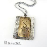 Textured Mixed Metal Necklace with Sterling Silver & Brass - Modern Jewelry