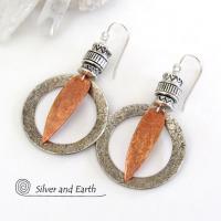 Tribal Sterling Silver & Copper Hoop Earrings - Boho Tribal Mixed Metal Jewelry