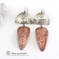 Sterling Silver & Copper Mixed Metal Tribal Earrings - Bold Unique Jewelry