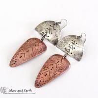 Sterling Silver & Copper Mixed Metal Tribal Earrings - Bold Unique Jewelry