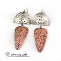 Sterling Silver & Copper Mixed Metal Tribal Earrings - Bold Unique Jewelry