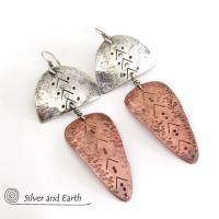 Sterling Silver & Copper Mixed Metal Tribal Earrings - Bold Unique Jewelry