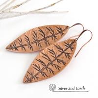 Copper Leaf Earrings with Hand Stamped Texture - Modern Nature Jewelry