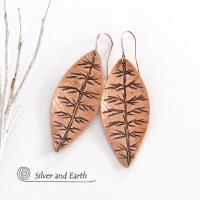 Copper Leaf Earrings with Hand Stamped Texture - Modern Nature Jewelry