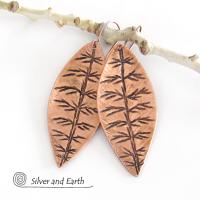 Copper Leaf Earrings with Hand Stamped Texture - Modern Nature Jewelry