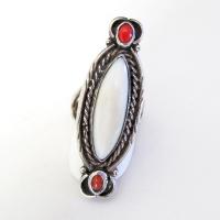Mother of Pearl and Coral Sterling Silver Ring - Vintage Southwestern Jewelry