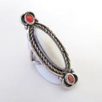 Mother of Pearl and Coral Sterling Silver Ring - Vintage Southwestern Jewelry