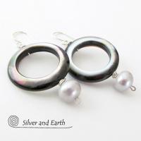 Mother of Pearl Hoop Earrings with White Pearls & Sterling Silver