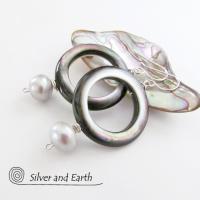 Mother of Pearl Hoop Earrings with White Pearls & Sterling Silver