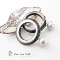 Mother of Pearl Hoop Earrings with White Pearls & Sterling Silver