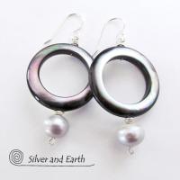 Mother of Pearl Hoop Earrings with White Pearls & Sterling Silver
