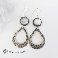 Sterling Silver Hoop Earrings with Mother of Pearl - Modern Elegant Jewelry