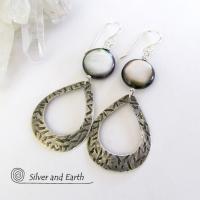 Sterling Silver Hoop Earrings with Mother of Pearl - Modern Elegant Jewelry