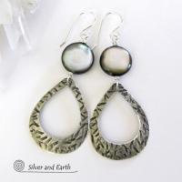 Sterling Silver Hoop Earrings with Mother of Pearl - Modern Elegant Jewelry