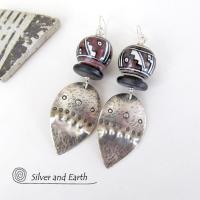 Sterling Silver Earrings with Tribal Southwest Beads - Bold Unique Jewelry