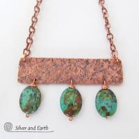 Copper Necklace with African Turquoise  Stones - Artisan Handcrafted Modern Chic Bohemian Jewelry