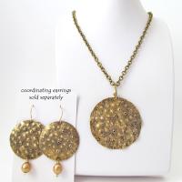 Gold Brass Medallion Pendant Necklace with Hammered Organic Texture