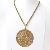 Gold Brass Medallion Pendant Necklace with Hammered Organic Texture