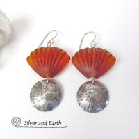 Sterling Silver Earrings with Orange Shell Shaped Glass Beads - Tropical Jewelry