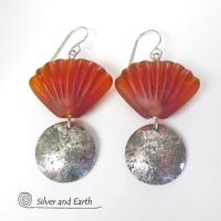 Sterling Silver Earrings with Orange Shell Shaped Glass Beads - Tropical Jewelry