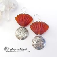 Sterling Silver Earrings with Orange Shell Shaped Glass Beads - Tropical Jewelry