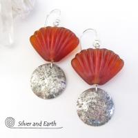 Sterling Silver Earrings with Orange Shell Shaped Glass Beads