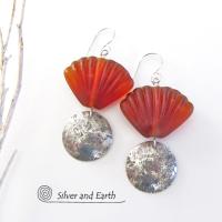 Sterling Silver Earrings with Orange Shell Shaped Glass Beads - Tropical Jewelry