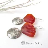 Sterling Silver Earrings with Orange Shell Shaped Glass Beads - Tropical Jewelry