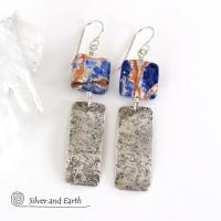 Hammered Sterling Silver Bar Earrings with Orange Sodalite Gemstones