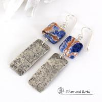 Hammered Sterling Silver Bar Earrings with Orange Sodalite Gemstones