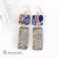 Hammered Sterling Silver Bar Earrings with Orange Sodalite Gemstones