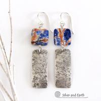 Hammered Sterling Silver Bar Earrings with Orange Sodalite Gemstones