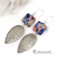 Sterling Silver Dangle Earrings with Orange & Blue Sodalite Natural Stones