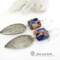 Sterling Silver Dangle Earrings with Orange & Blue Sodalite Natural Stones